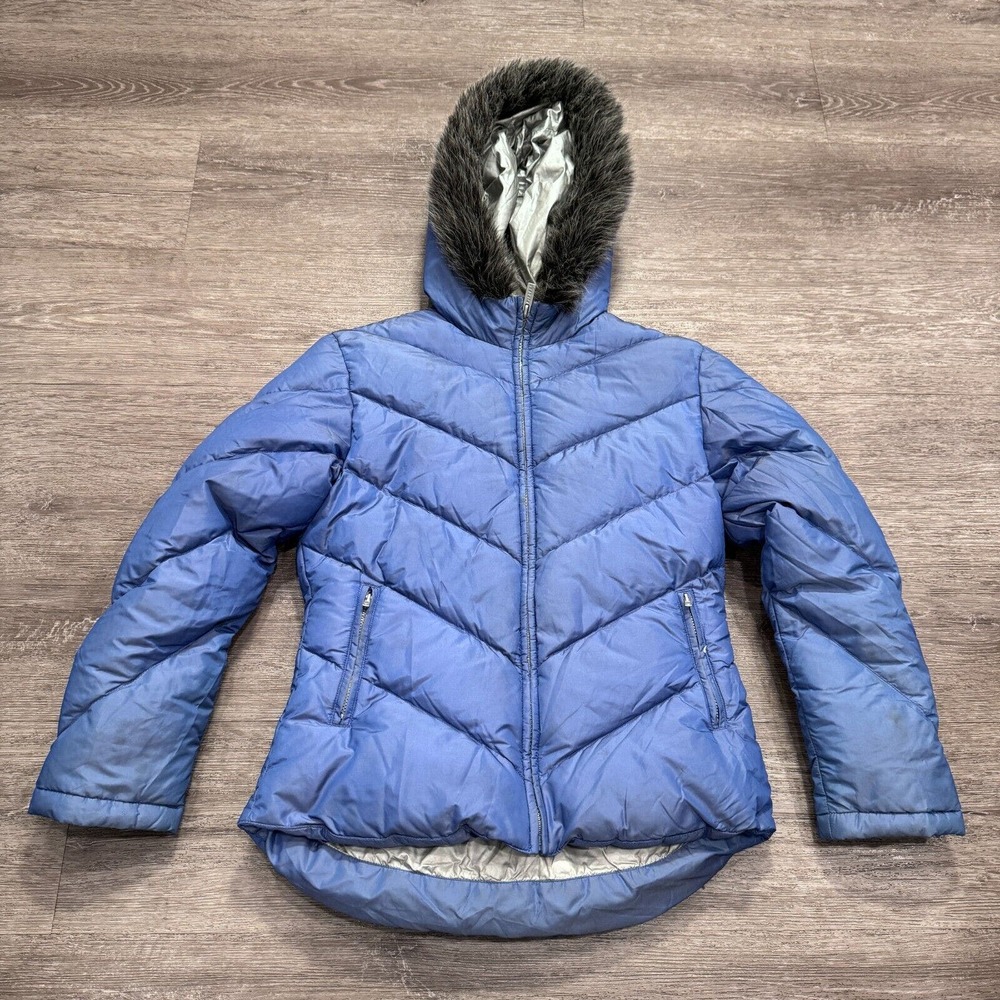 Express Puffer Jacket Women XS Nylon Down Faux Fur Hood Chevron Quilted Coat